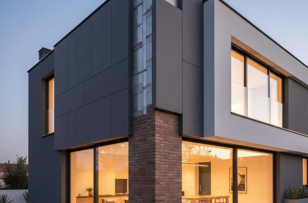 Fachada de casa moderna en Madrid con sección transversal que muestra paneles de aislamiento térmico exterior SATE gris grafito sobre ladrillo.