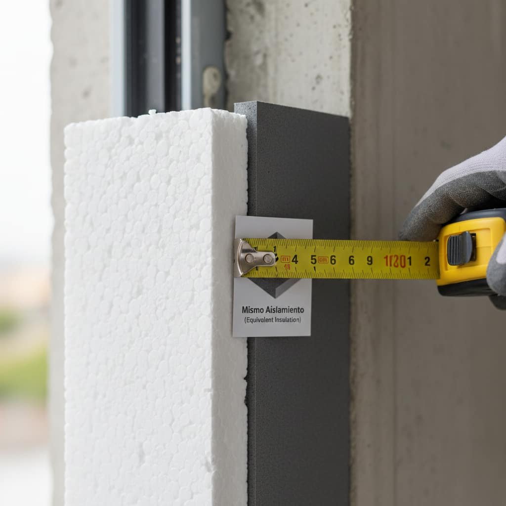 Comparativa técnica de espesores entre aislante EPS blanco y panel delgado de alto rendimiento para aislamiento térmico de fachadas.