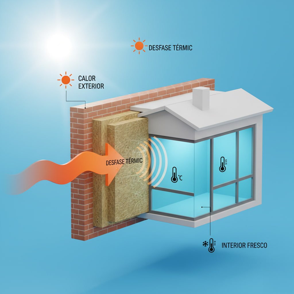 Infografía de envolvente térmica con fibra de madera deteniendo el calor exterior para mantener el interior fresco en verano en Madrid.