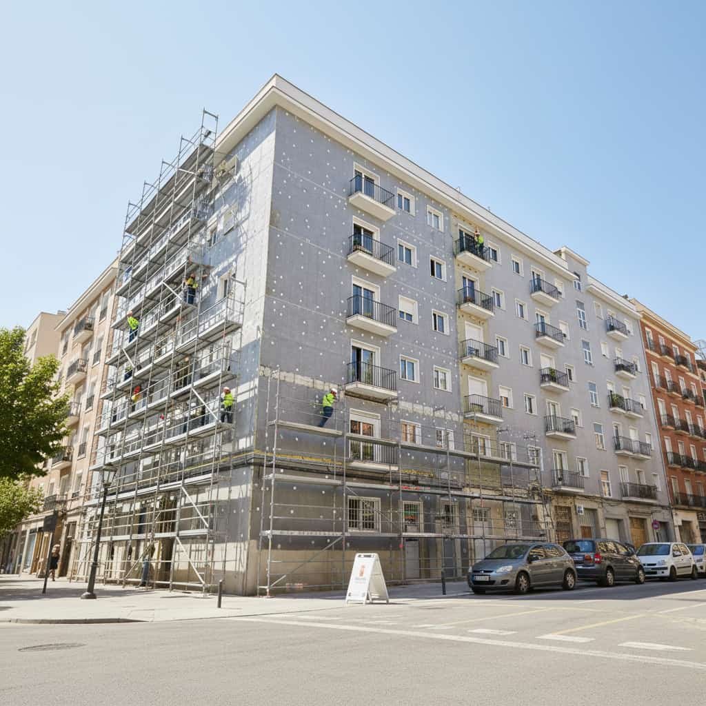 Fachada de edificio en Madrid con andamios durante la instalación de paneles aislantes SATE para mejora de la eficiencia energética.