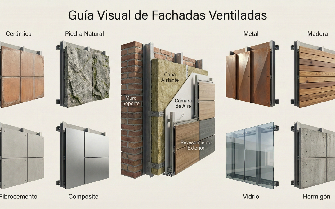 Guía completa de tipos de fachadas ventiladas: clasificación por materiales como cerámica, piedra y composite, con sus ventajas, desventajas y eficiencia energética