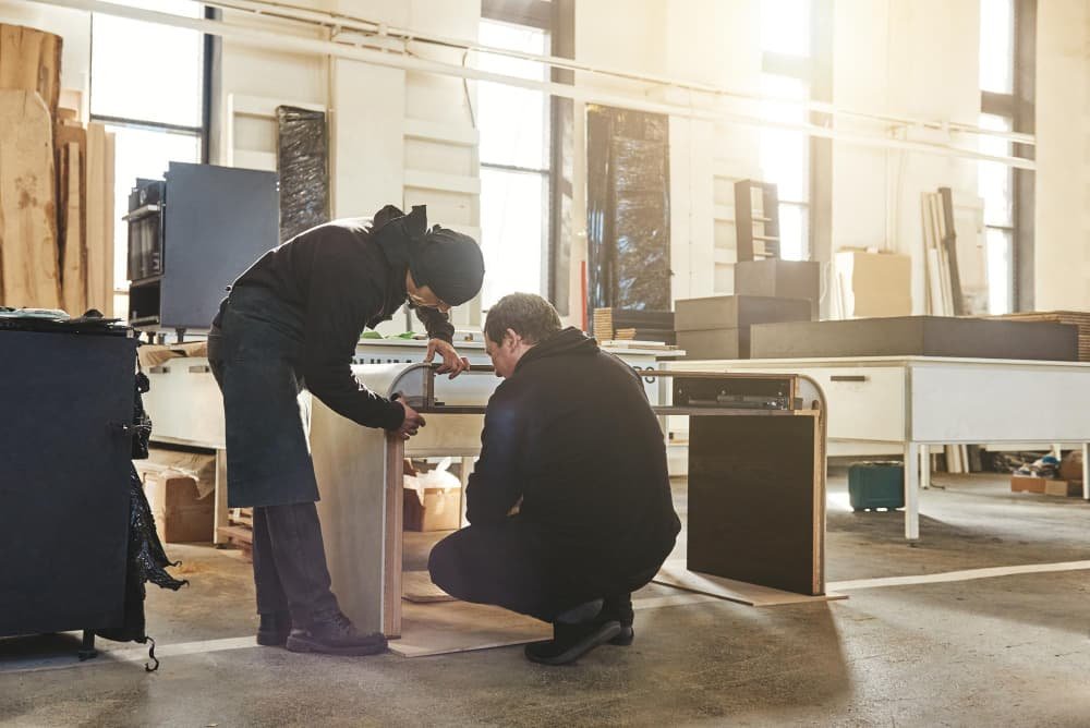 Dos carpinteros trabajando en un taller luminoso, enfocados en el ensamblaje de un mueble de madera con bordes curvos. El espacio cuenta con grandes ventanales que dejan pasar la luz natural, bancos de trabajo blancos y diversos materiales de madera al fondo.