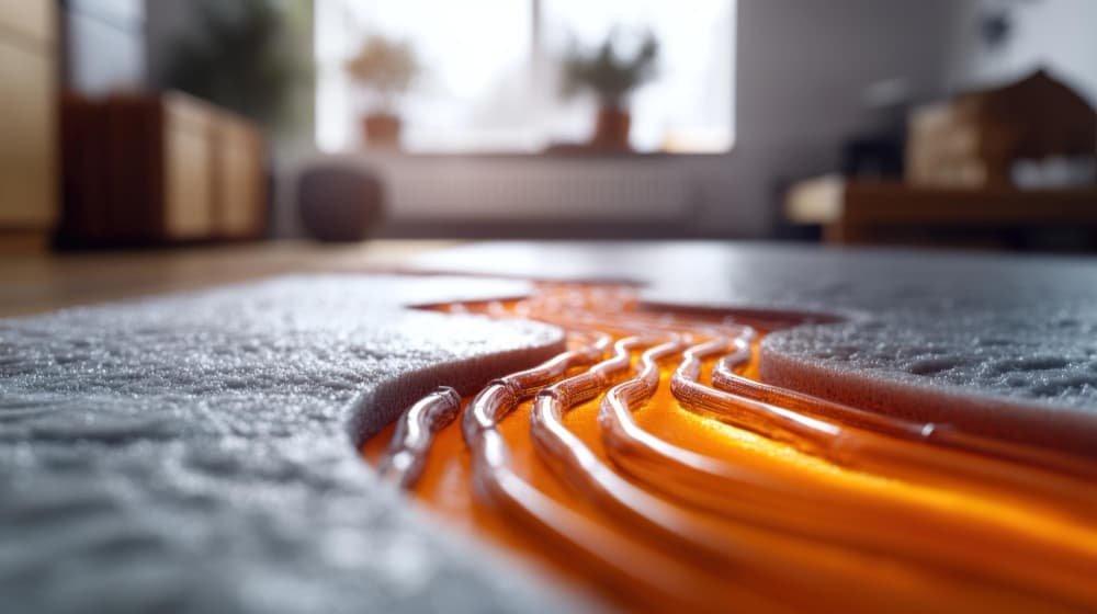 Imagen conceptual en primer plano de tuberías de suelo radiante iluminadas con un brillo naranja cálido, integradas bajo una capa de material aislante gris en un hogar moderno.