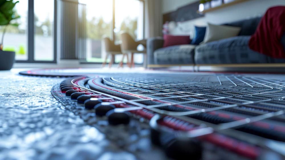 Vista en ángulo bajo de una instalación moderna de suelo radiante sobre una base de hormigón, con un salón amueblado y luminoso al fondo