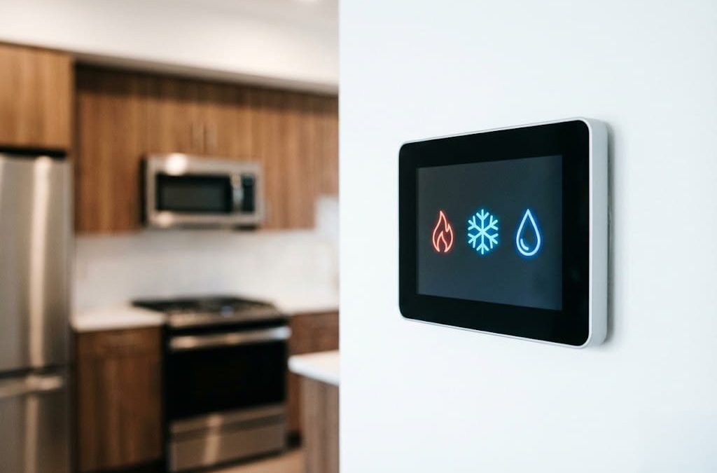 Primer plano de un termostato digital mostrando los iconos de calefacción, refrigeración y agua caliente sanitaria (ACS) de un sistema 3 en 1.