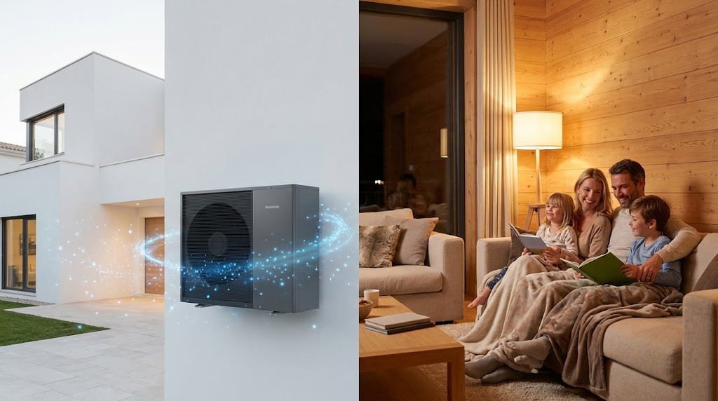 Composición dividida mostrando una unidad exterior de aerotermia en una fachada moderna y una familia disfrutando de calefacción confortable en el interior de una vivienda.
