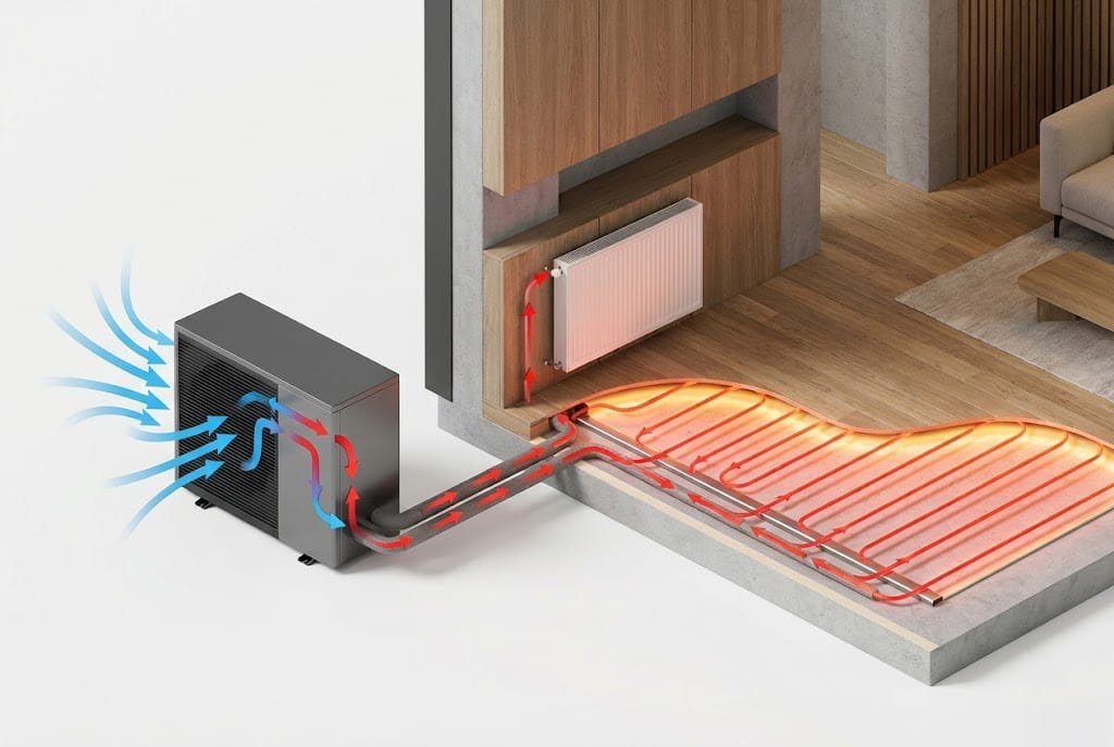 Infografía 3D del ciclo de la aerotermia: la unidad exterior capta energía del aire y la transfiere como calor al suelo radiante y radiadores del interior.