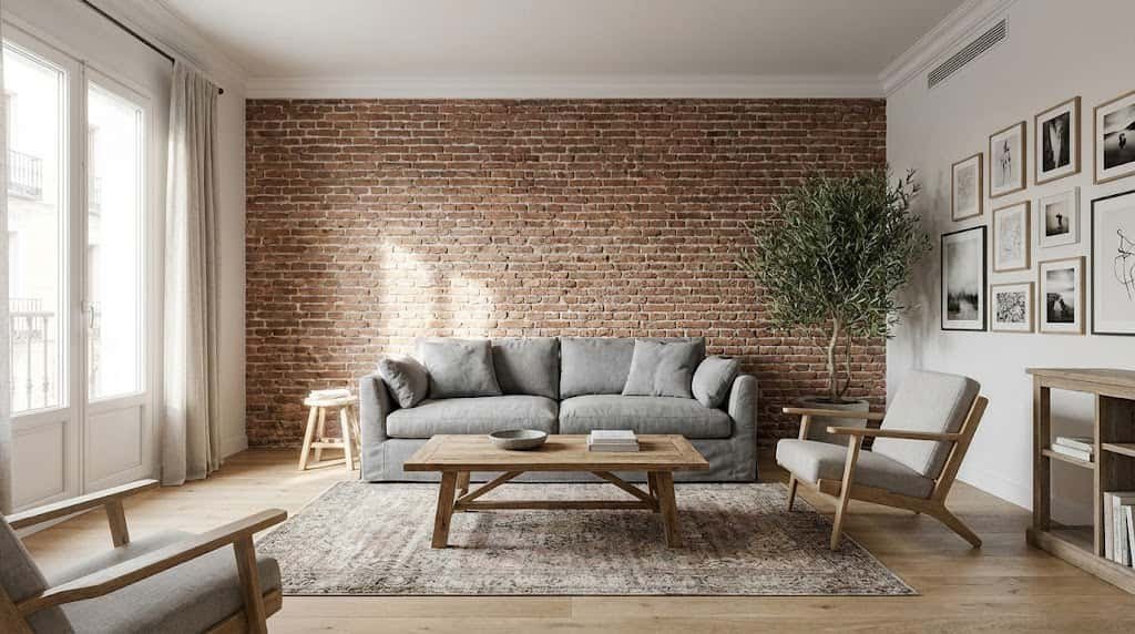Salón moderno renovado en Madrid con una gran pared de ladrillo visto rojo detrás de un sofá gris, suelo de madera y ventanal balcón.