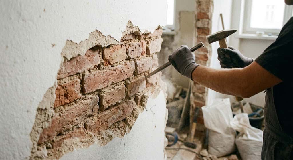 Primer plano de un albañil picando yeso de una pared con cincel y martillo para recuperar el ladrillo visto antiguo original durante una reforma.