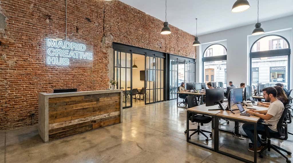 Recepción de una oficina moderna de coworking en Madrid con una gran pared de ladrillo visto original, suelo de hormigón pulido y un letrero de neón.