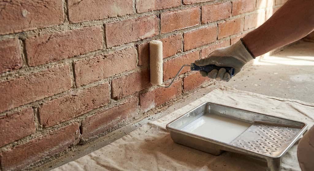 Primer plano de una mano aplicando con rodillo un sellador protector mate sobre una pared de ladrillo visto para facilitar su limpieza y mantenimiento.